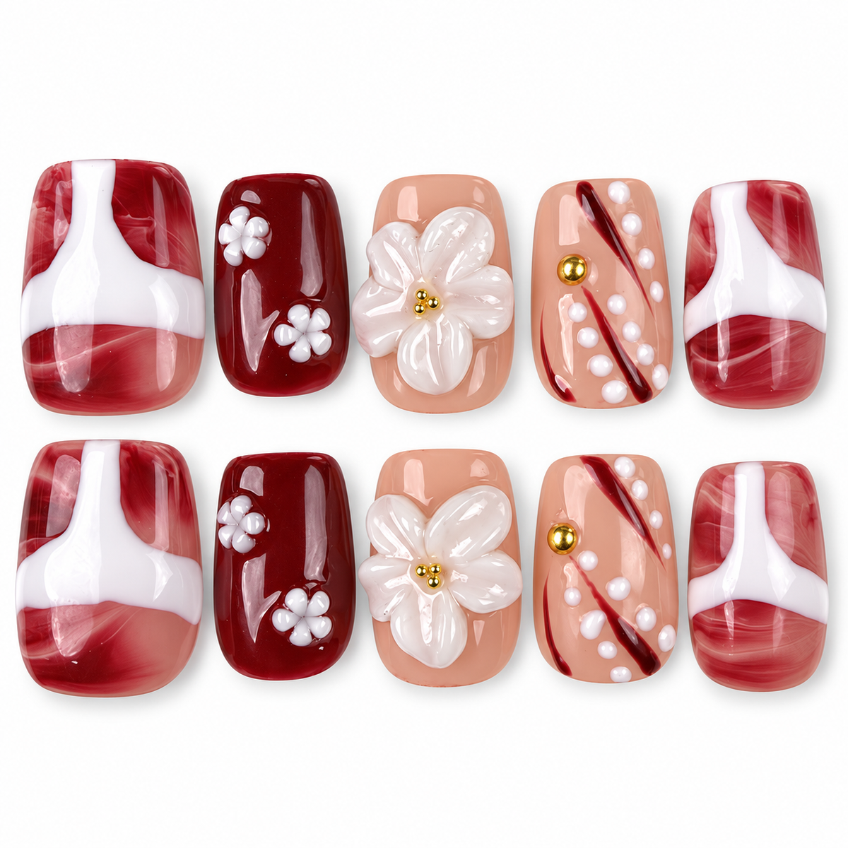 Burgundy Blossom burgundy and nude floral square press-on nails with white flowers