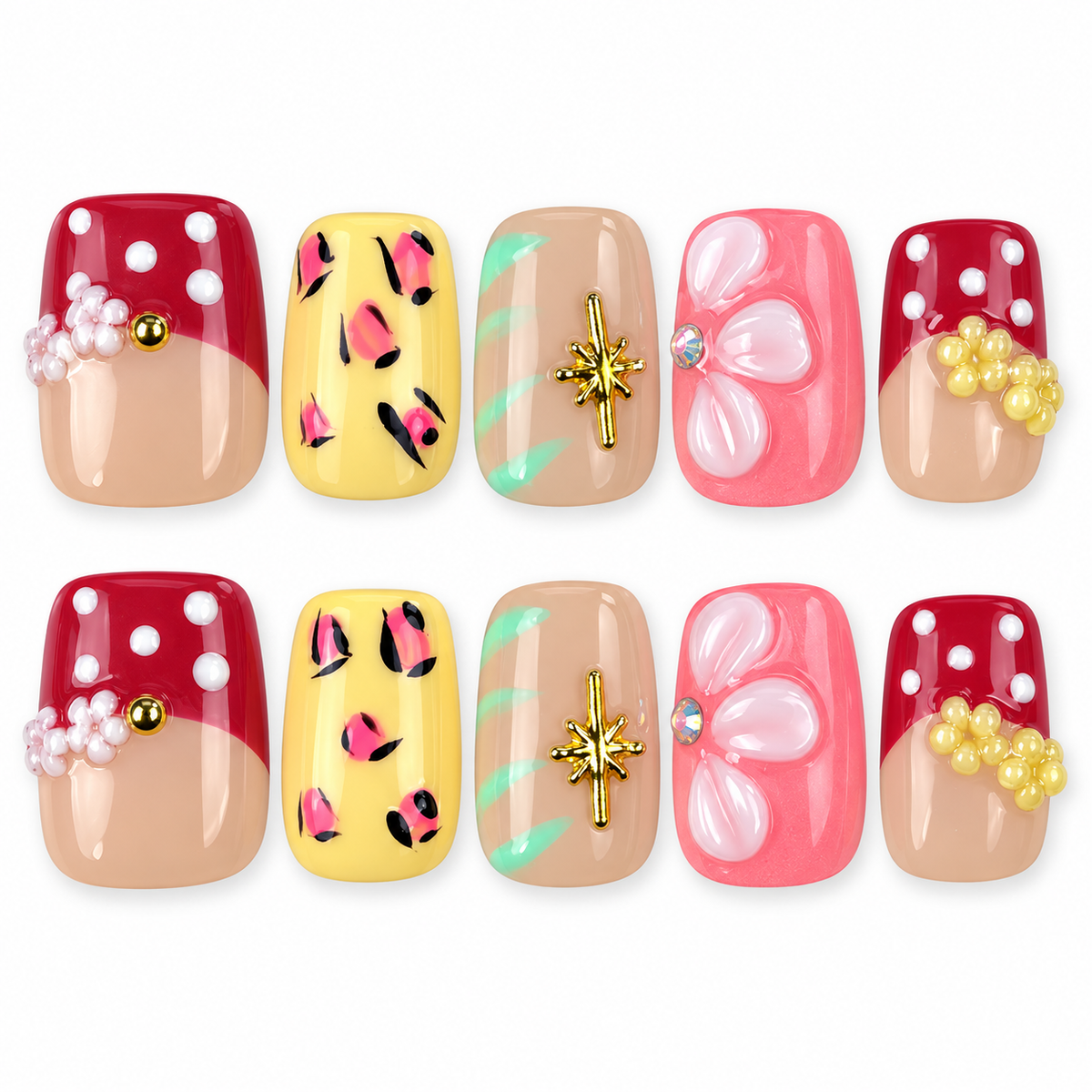 Garden Party red, yellow and pink floral square press-on nails
