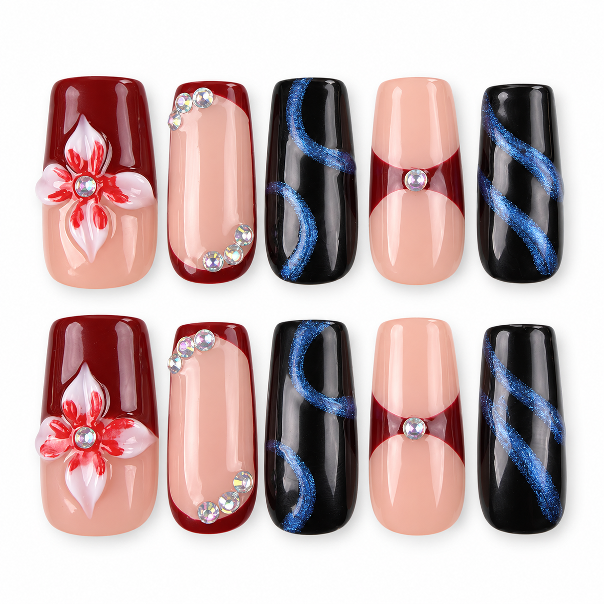 Wine Ribbon burgundy and navy bow square press-on nails