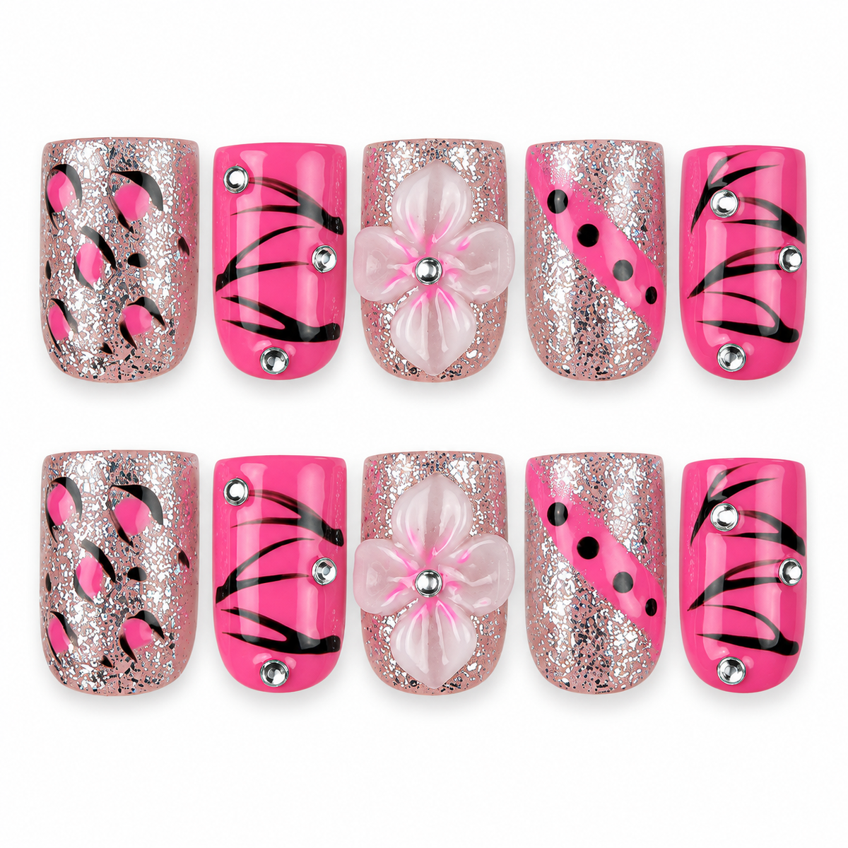 Pink Spark hot pink, black and silver floral square press-on nails