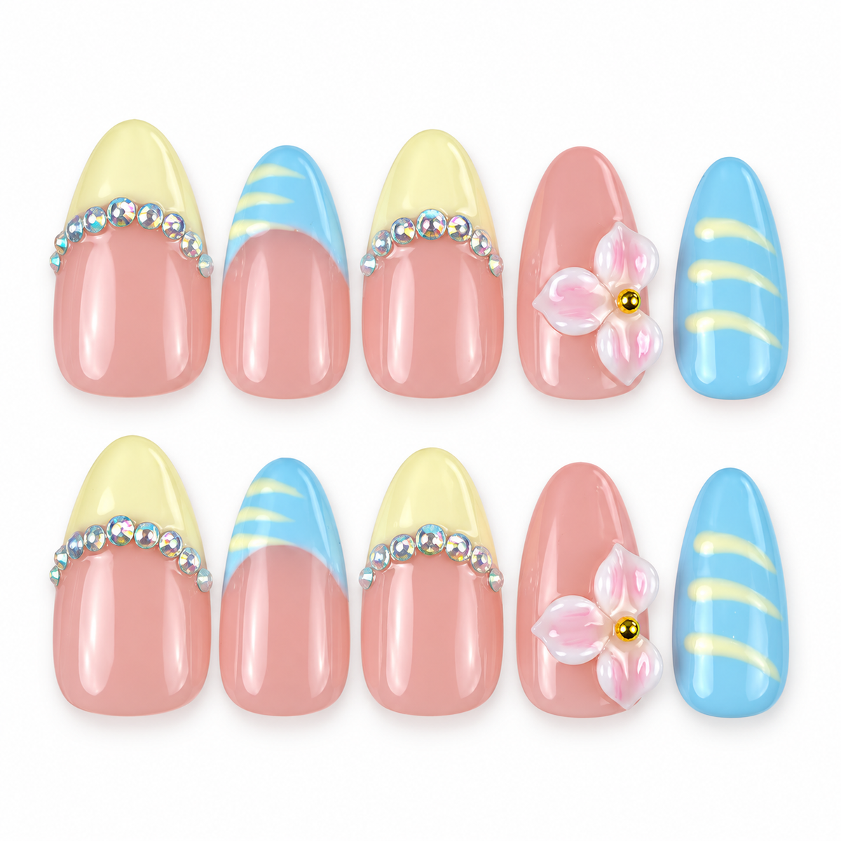 Lemon Sky yellow and blue French tip floral almond press-on nails