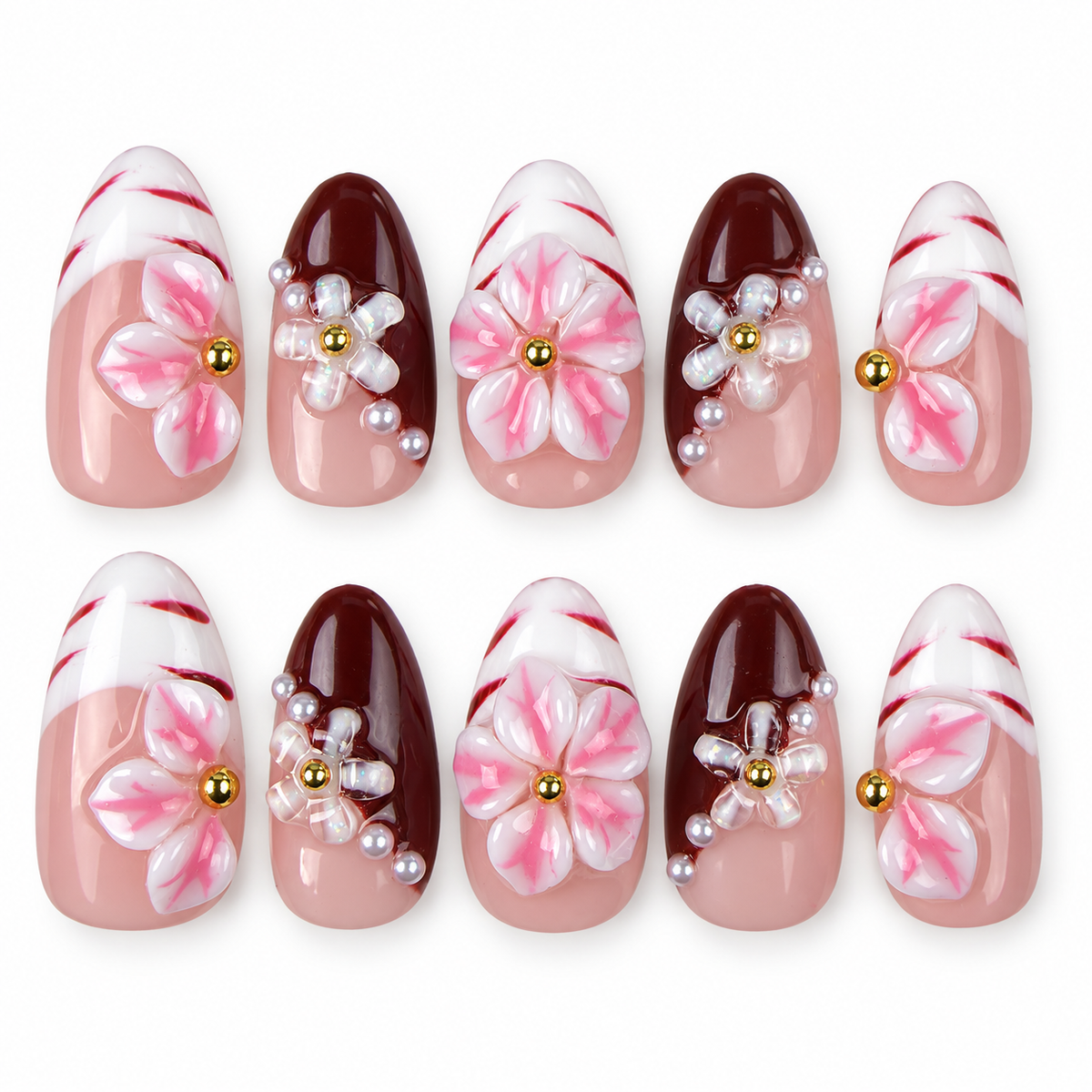 Rose Marble pink floral and burgundy French tip almond press-on nails