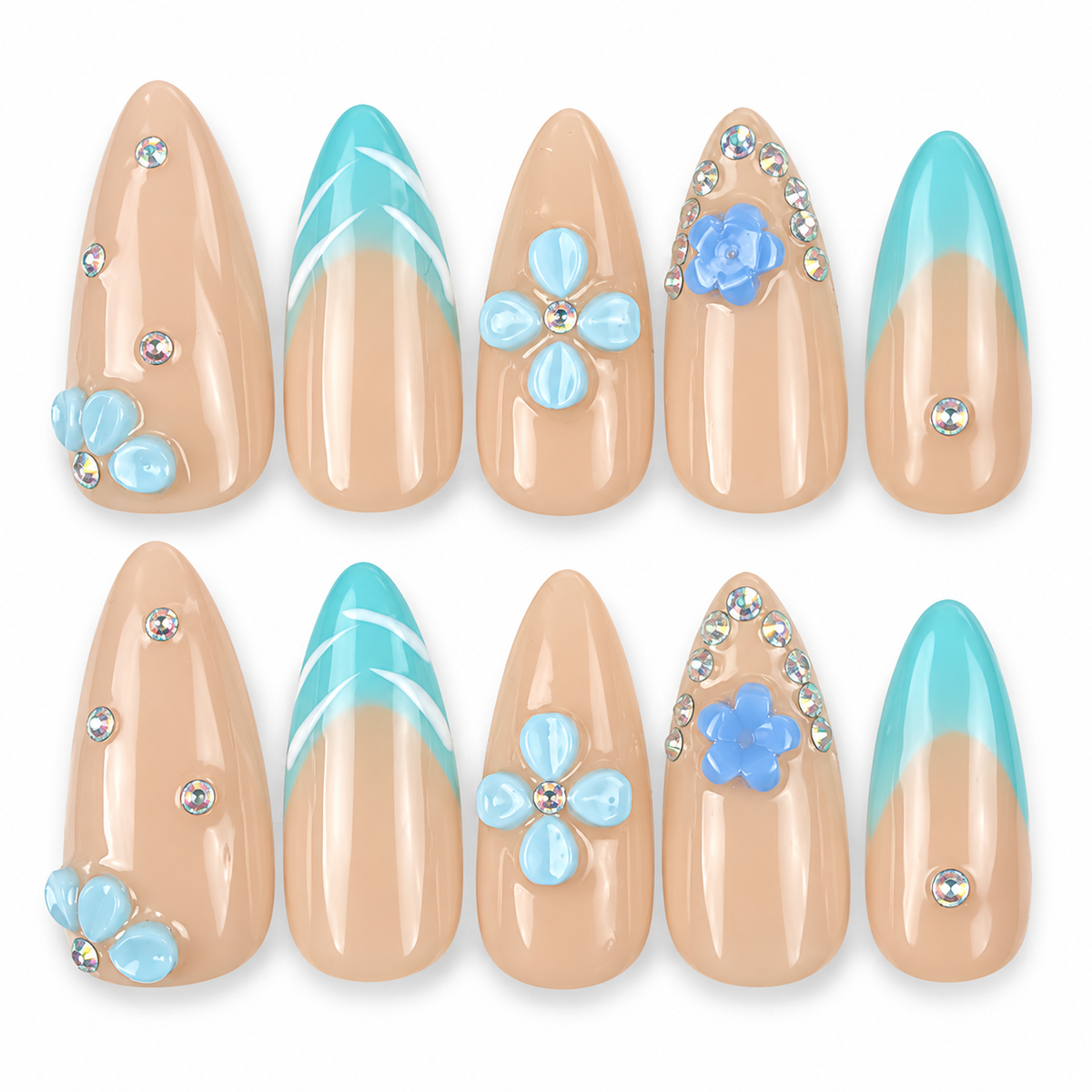 Aqua Blossom turquoise French tip and blue floral almond press-on nails