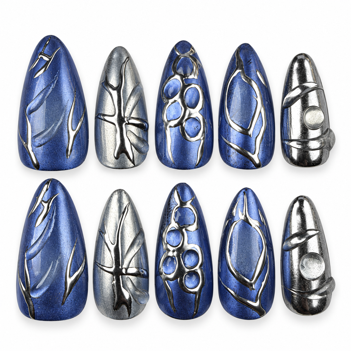 Sapphire Wire blue and silver abstract stiletto press-on nails