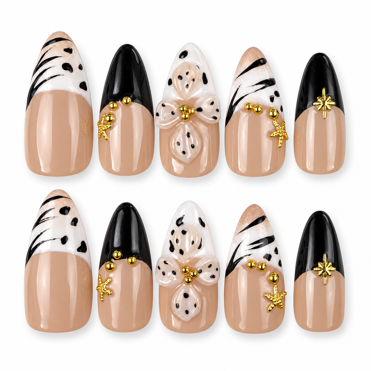 Golden Safari black and white zebra print French tip almond press-on nails with gold accents