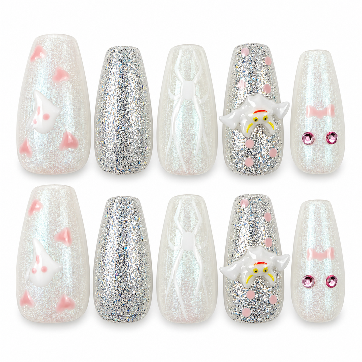 Ghostly Frost white and silver glitter Halloween square press-on nails