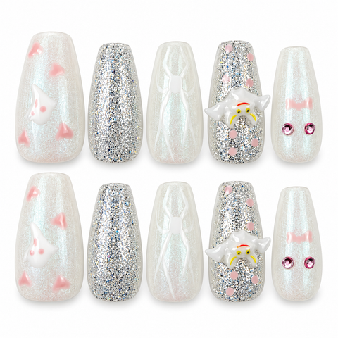 Ghostly Frost | White & Silver Halloween Square Press-On Nails