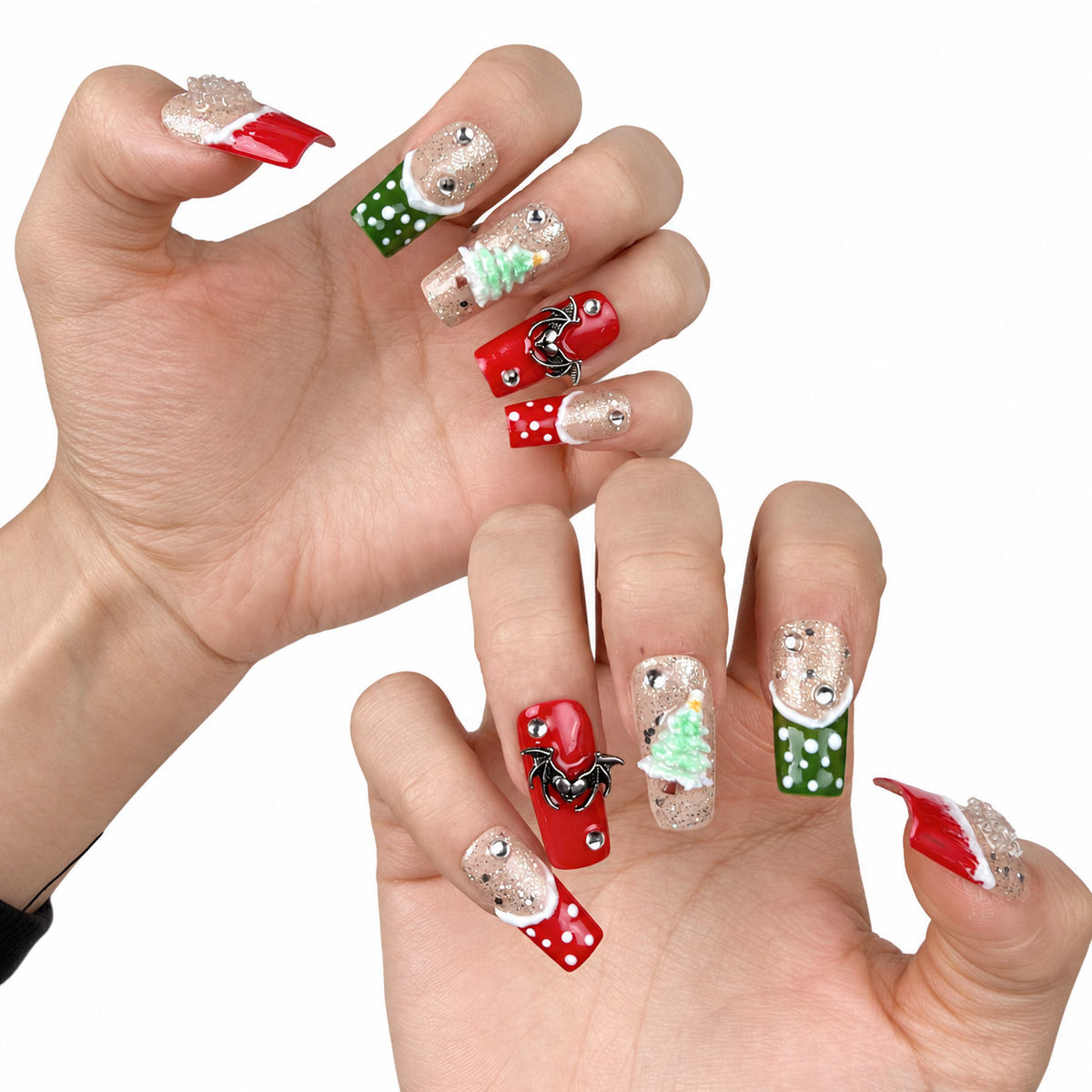 Hands wearing Gingerbread Party red, green and glitter Christmas square press-on nails with gingerbread and tree designs