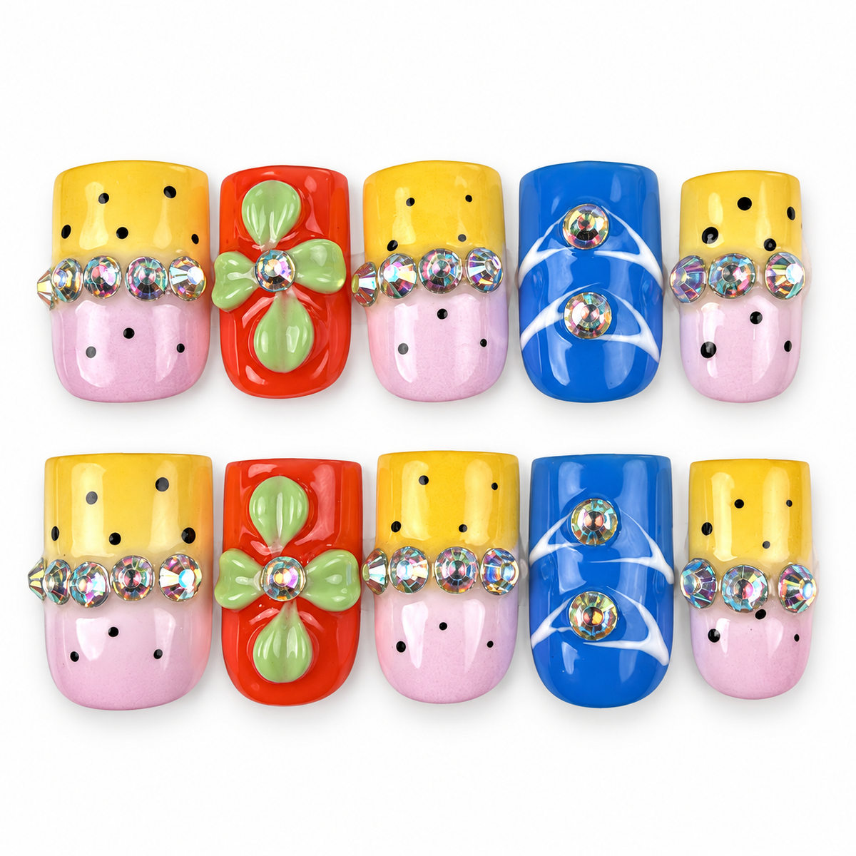 Colour Parade yellow, pink and blue floral square press-on nails