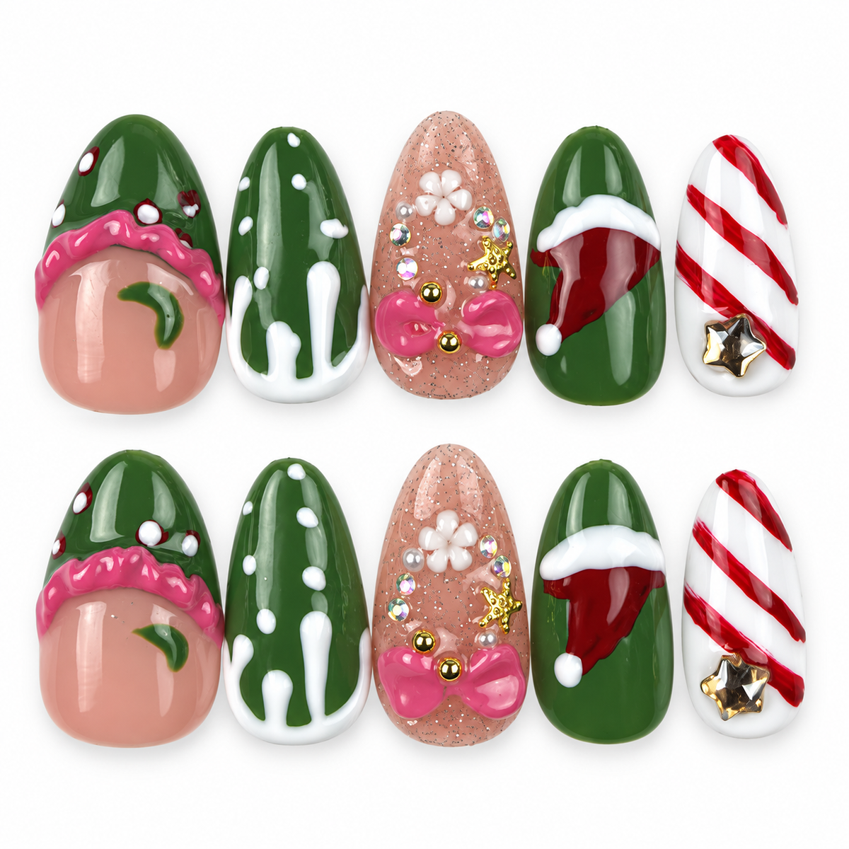 Festive Candy green and red candy cane Christmas almond press-on nails