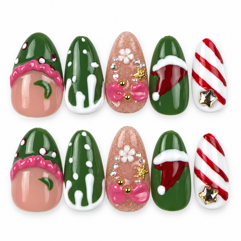 Festive Candy | Green & Red Christmas Floral Almond Press-On Nails