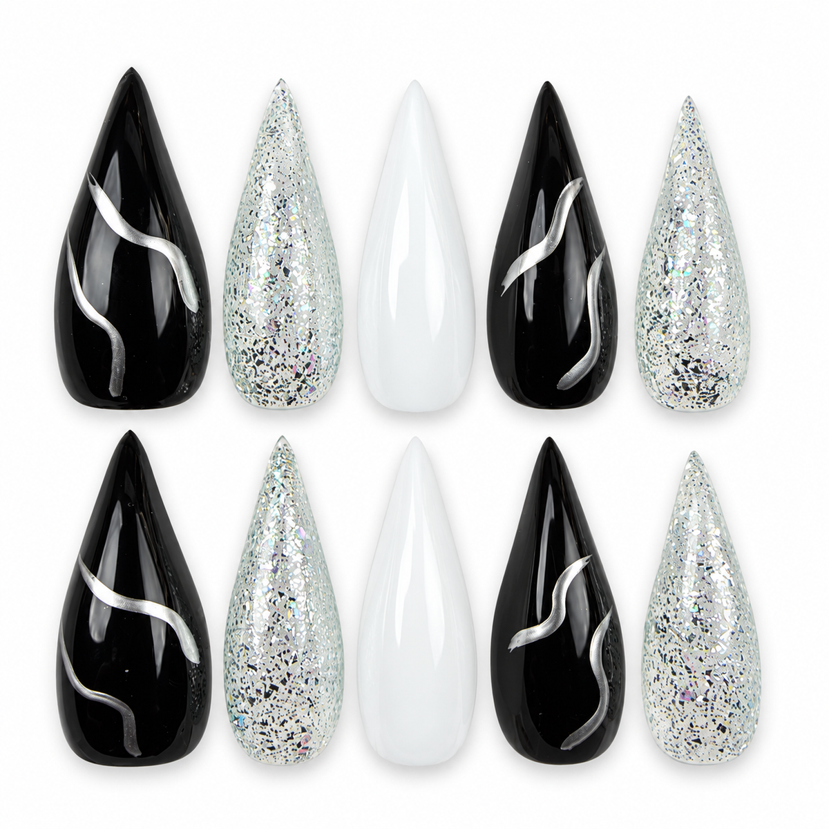 Silver Current black, white and silver glitter stiletto press-on nails