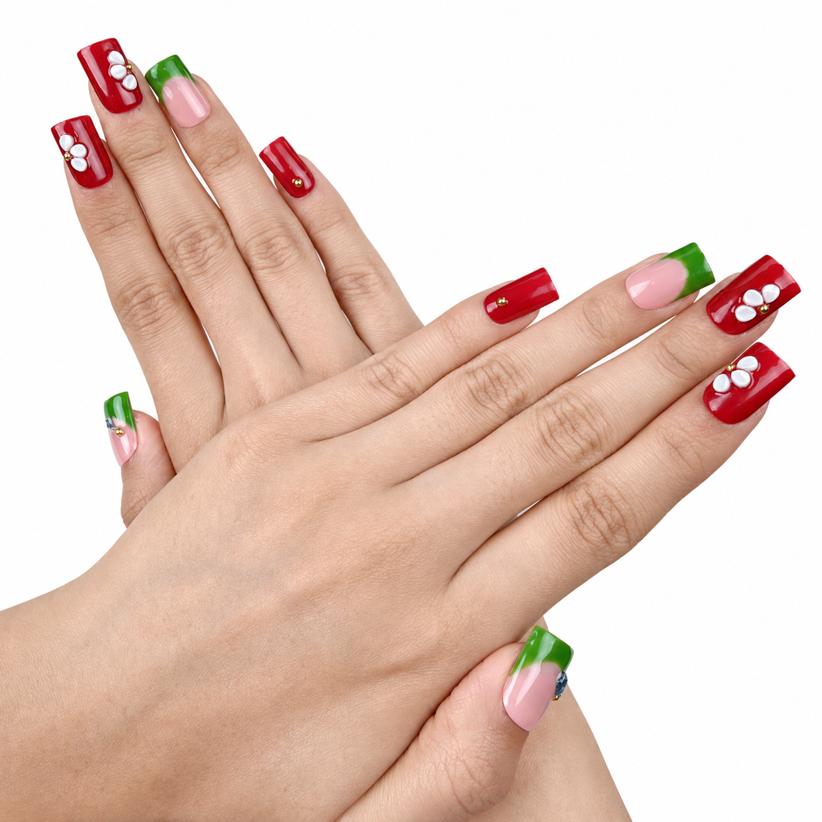 Close-up of hands wearing Garden Contrast red, green and white floral square press-on nails