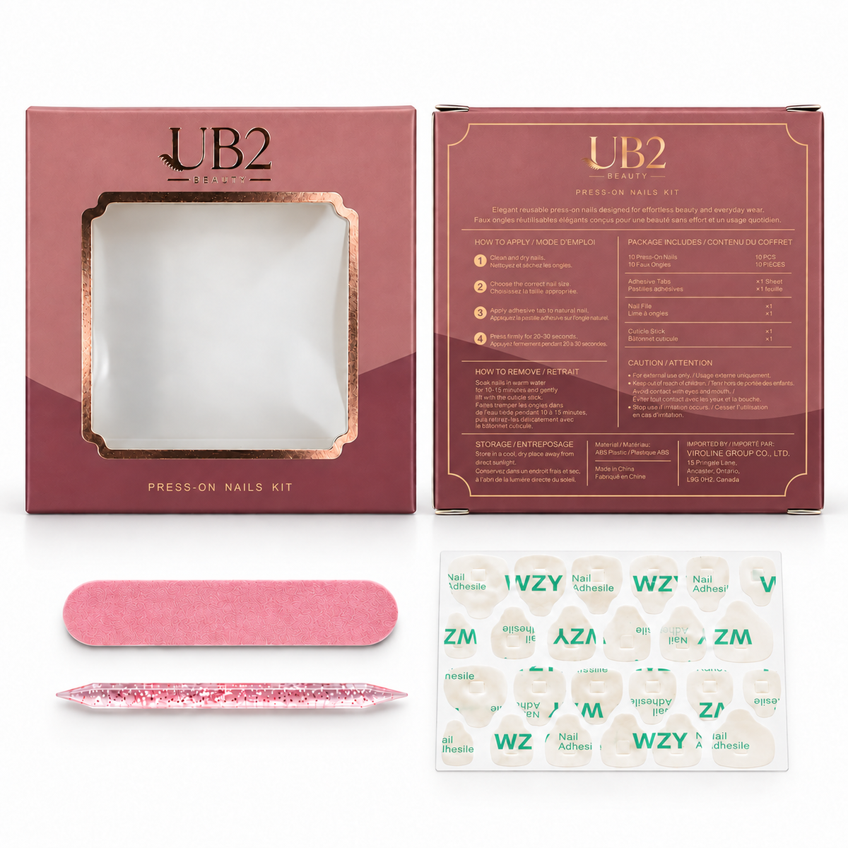 UB2 press-on nail kit packaging and included tools