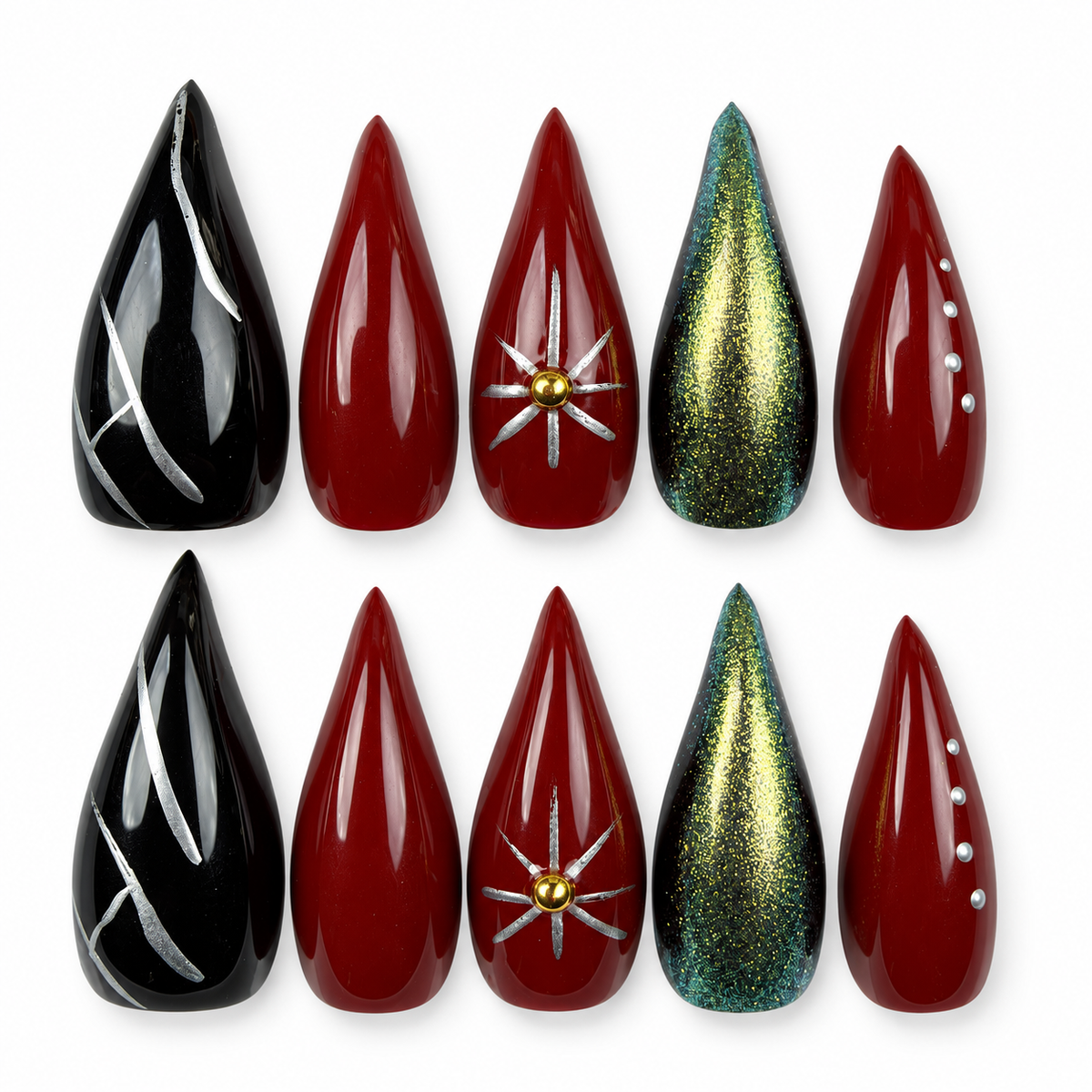 Ruby Orbit burgundy, green chrome and black star stiletto press-on nails