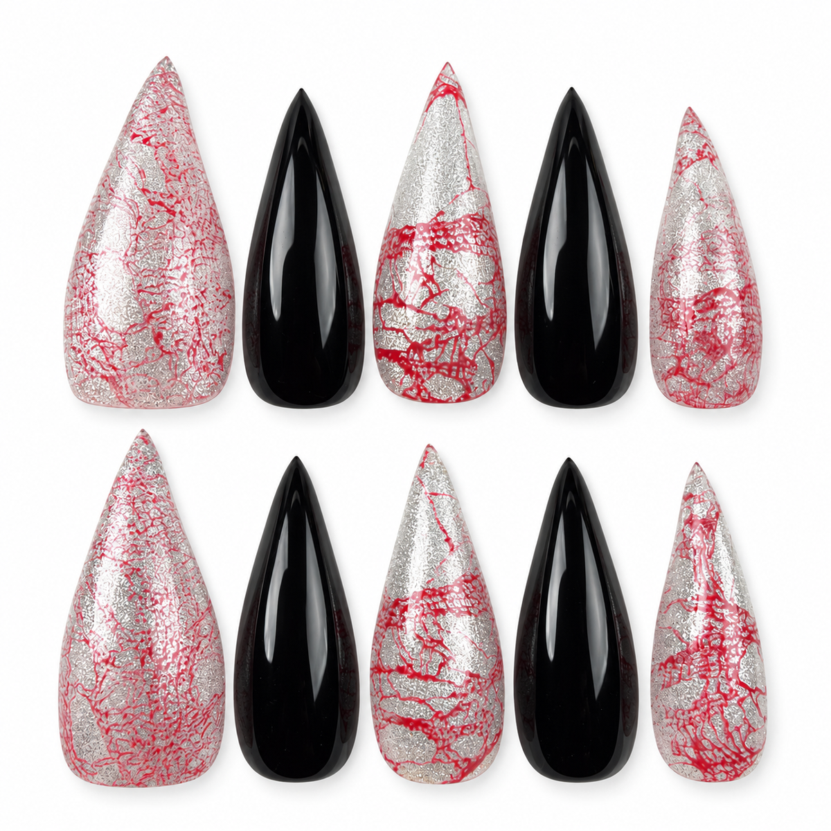 Rose Static pink and silver crackle and black stiletto press-on nails