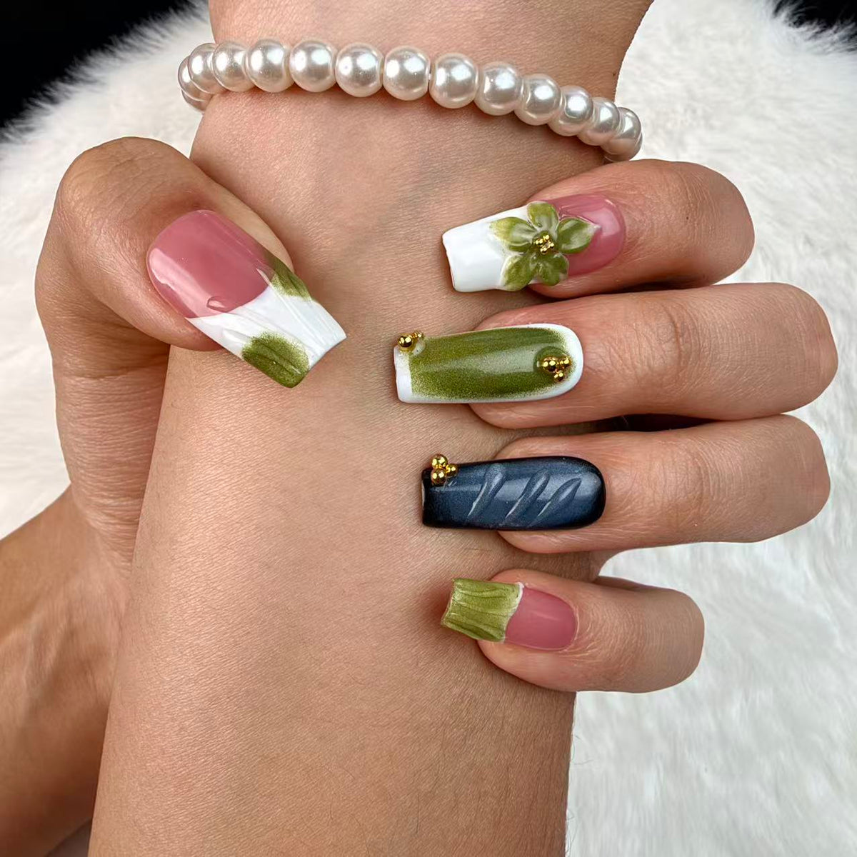 Olive Bloom pink, white and olive green floral short square press-on nails