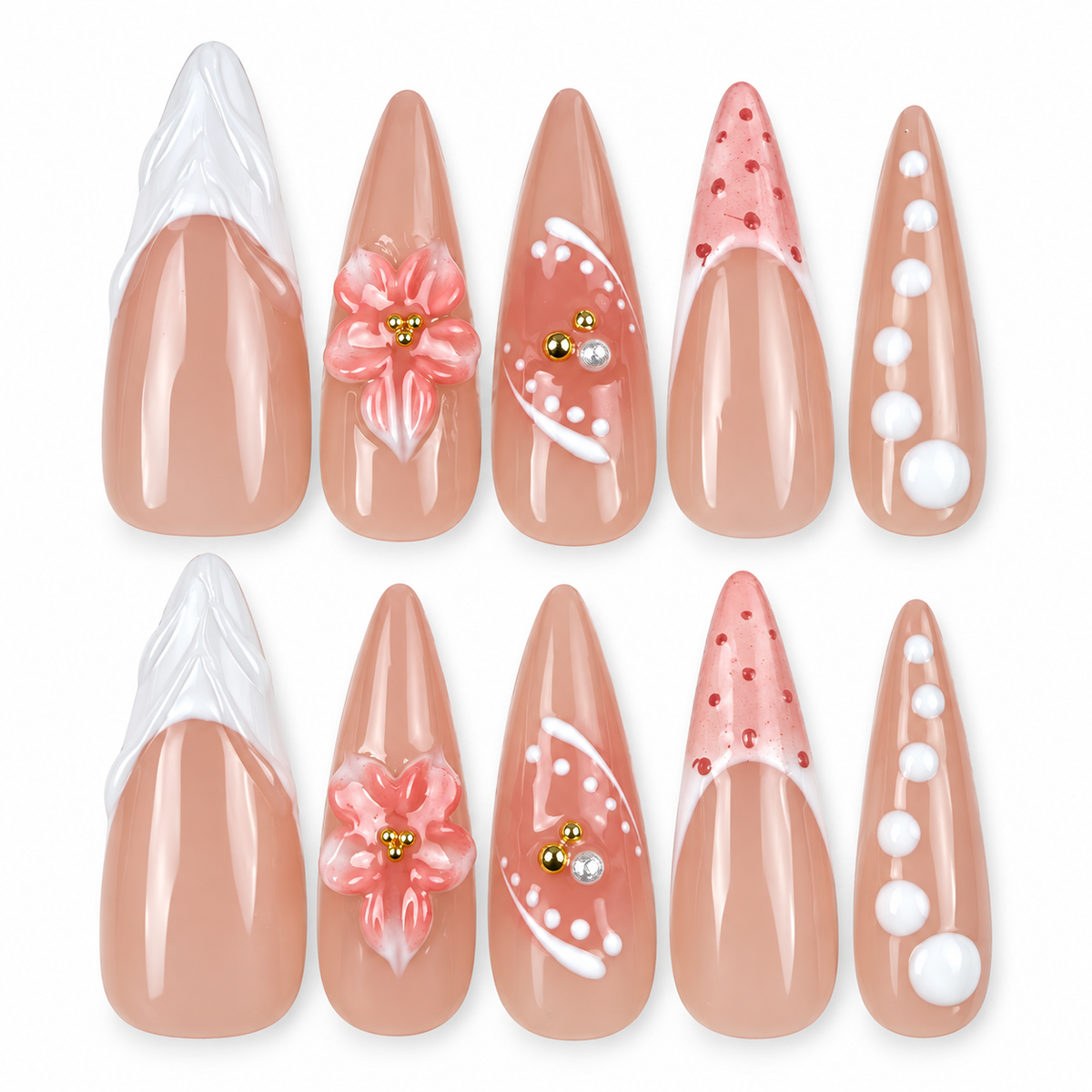 Peach Bloom nude pink and white French floral almond press-on nails