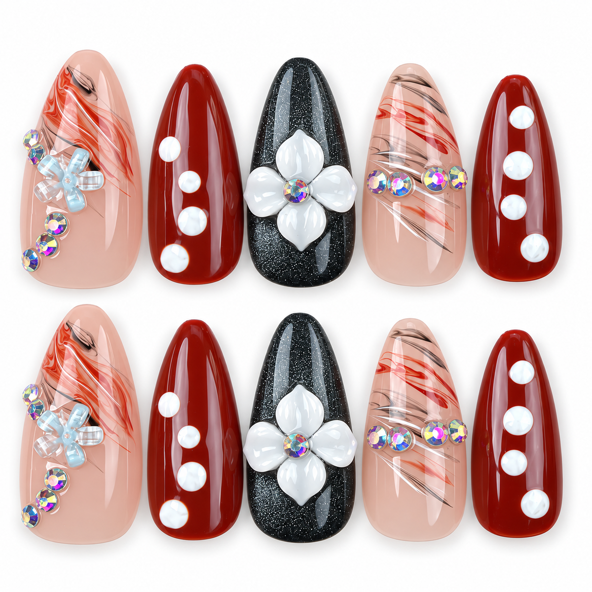Ruby Petal red and black floral almond press-on nails with rhinestones