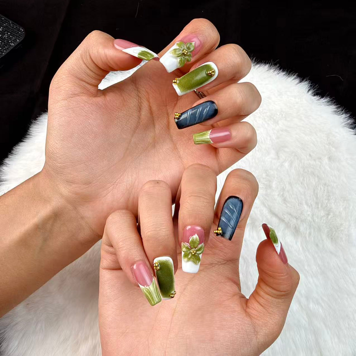 Olive Bloom pink, white and olive green floral short square press-on nails
