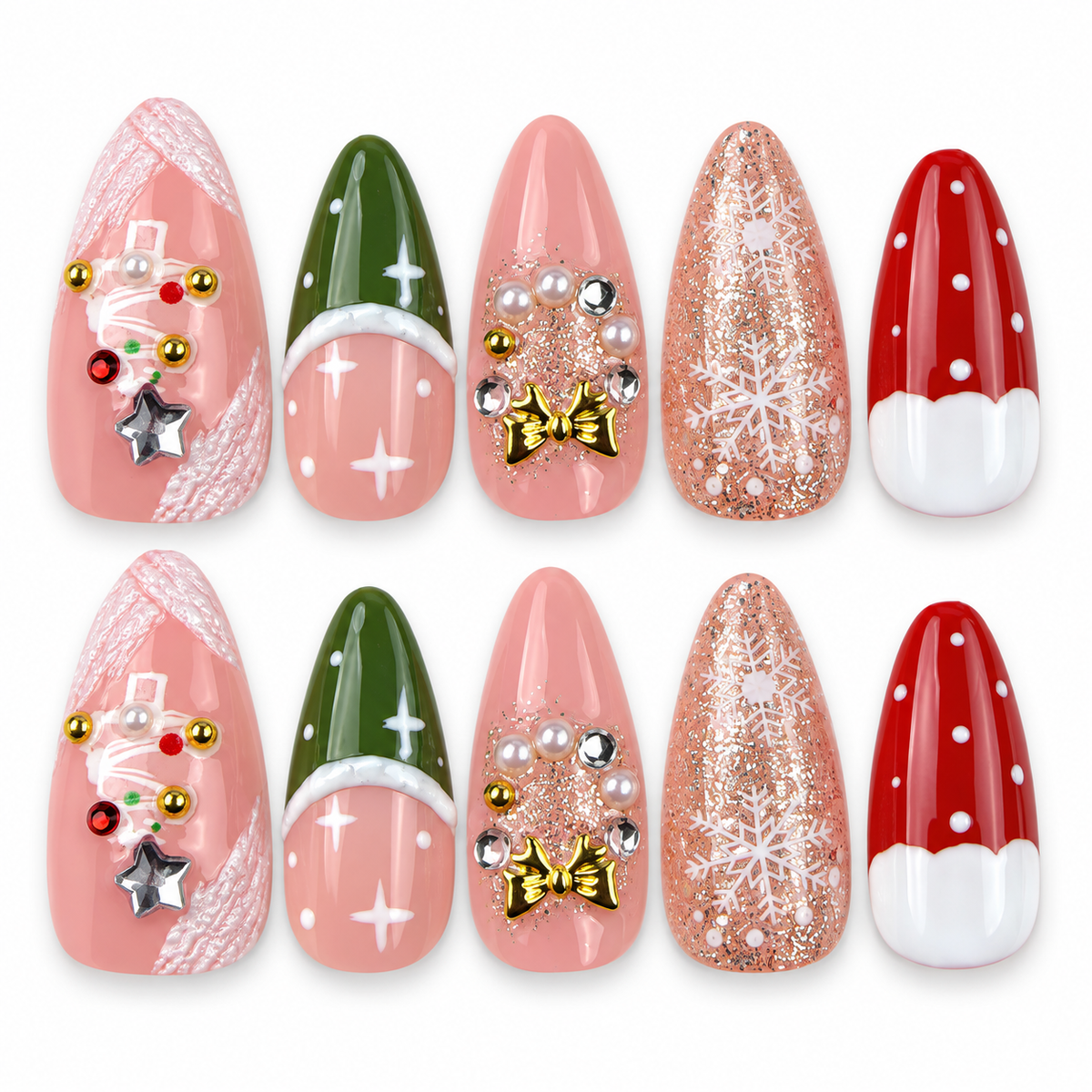 Pink Noel pink, red and green Christmas almond press-on nails