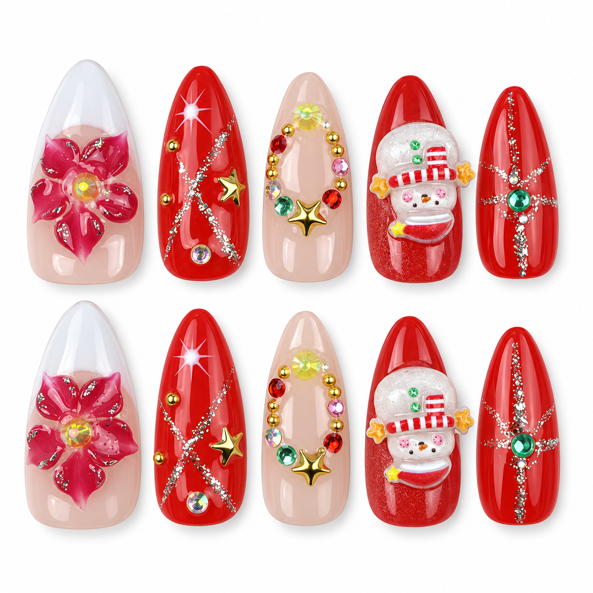 Holly Bloom red floral and snowman Christmas almond press-on nails