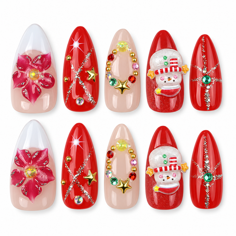 Holly Bloom | Red Floral & Snowman Christmas Almond Press-On Nails