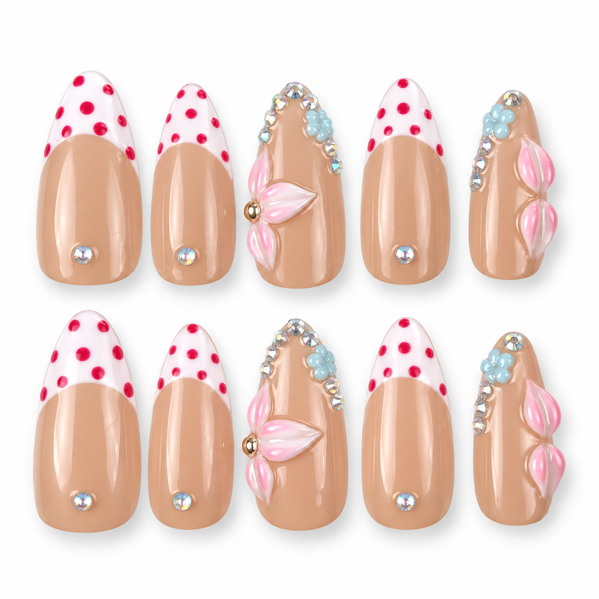 Blush Garland pink polka dot French tip floral almond press-on nails