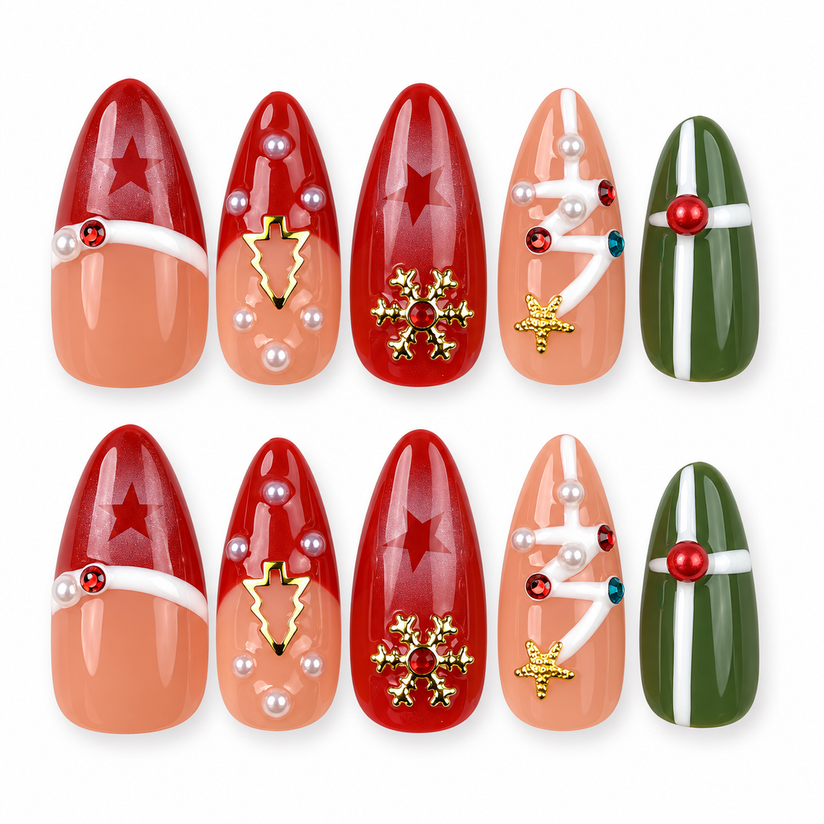 Christmas Keepsakes red, green and nude French tip Christmas almond press-on nails