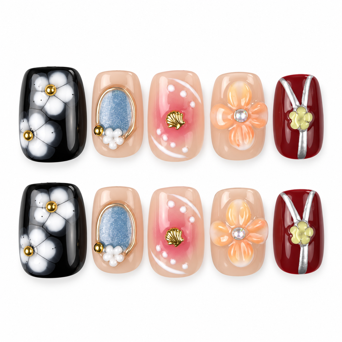 Blossom Mosaic nude, burgundy and black floral square press-on nails
