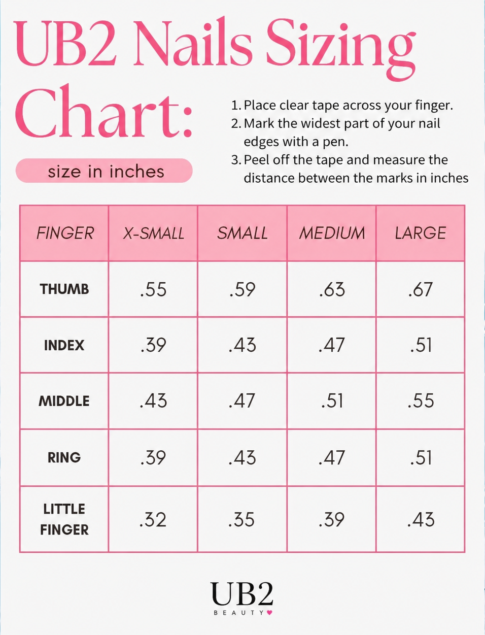 UB2 press-on nails sizing chart in inches