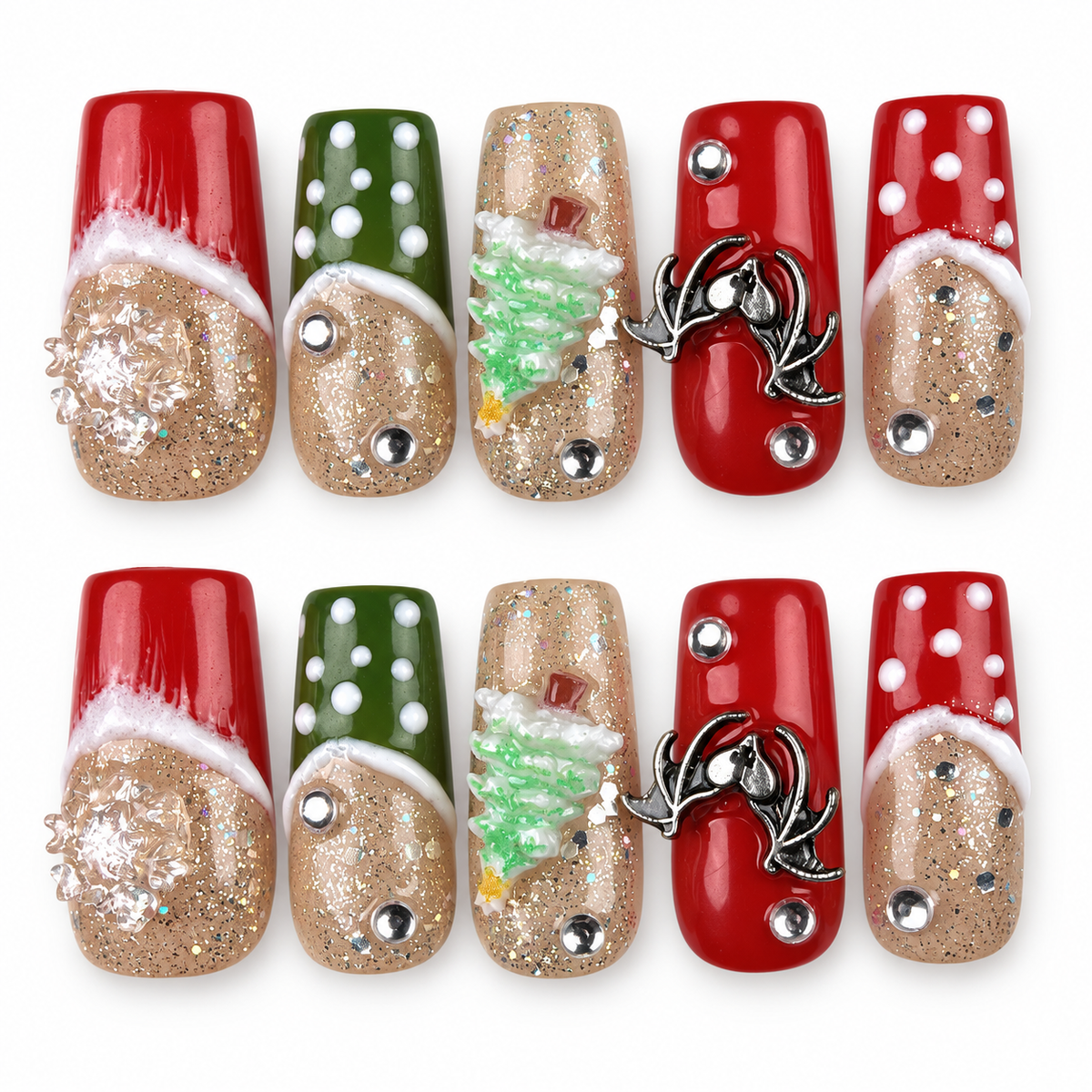 Gingerbread Party red, green and glitter Christmas square press-on nails with gingerbread and tree designs