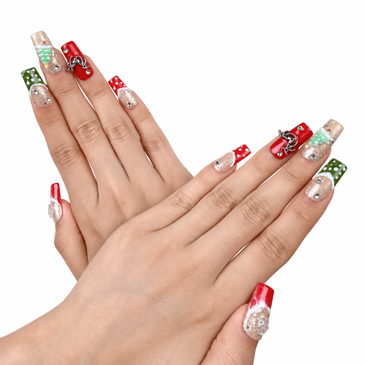 Detail shot of Gingerbread Party red, green and glitter Christmas square press-on nails with gingerbread and tree designs on hand
