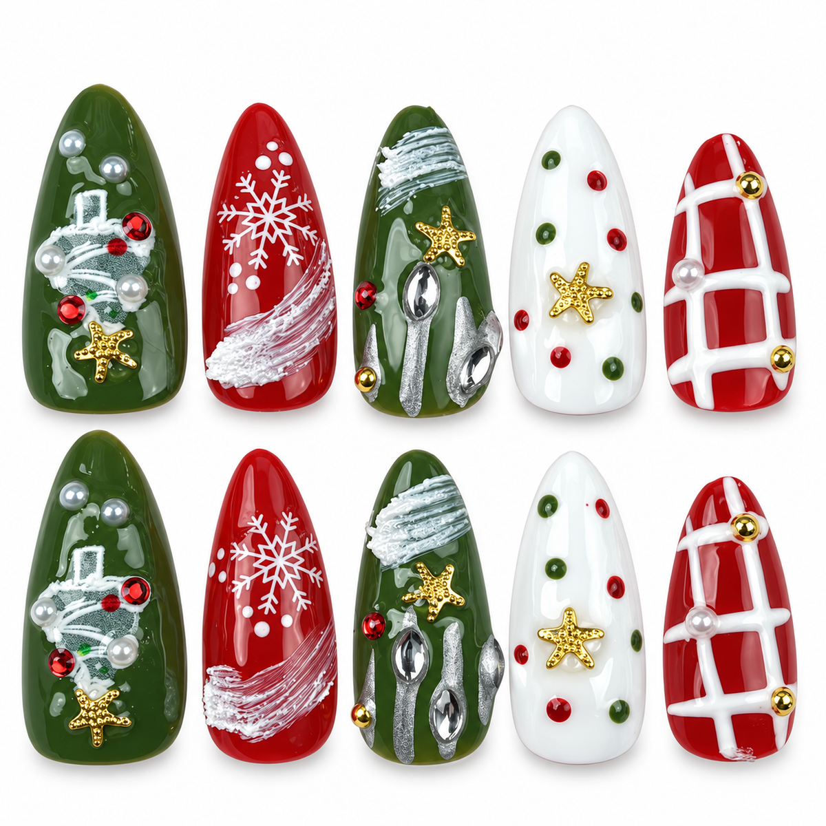 Winter Parcel red and green ribbon and plaid Christmas almond press-on nails