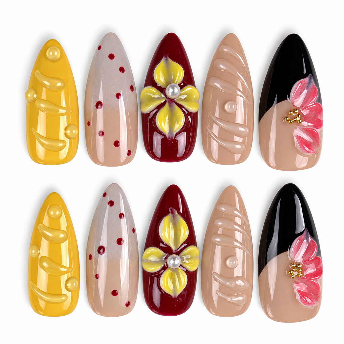 Golden Orchid yellow, burgundy and black floral almond press-on nails