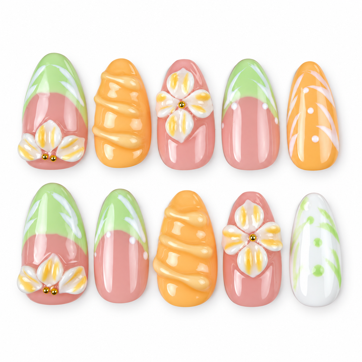 Citrus Blossom mint, pink and orange floral almond press-on nails