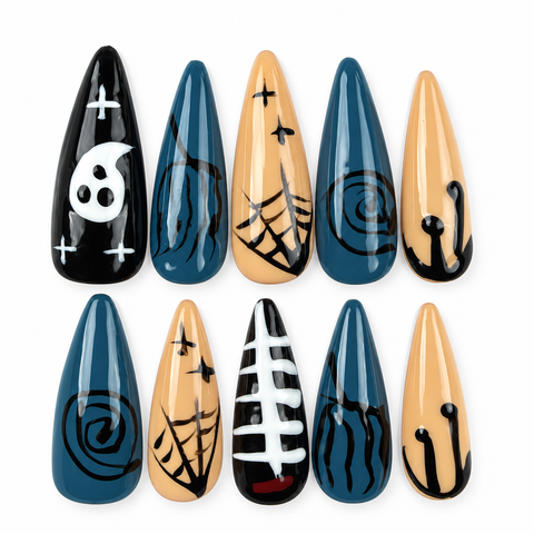Twilight Web | Teal Black & Orange Halloween Almond Press-On Nails