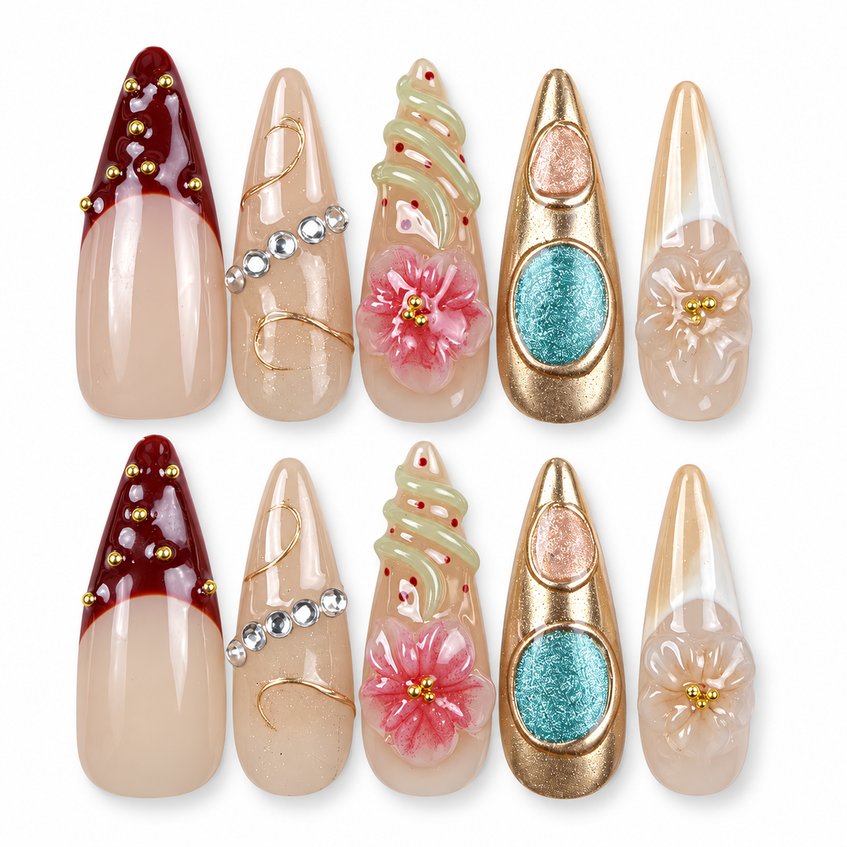Gilded Garden nude, burgundy and turquoise floral almond press-on nails with gold accents