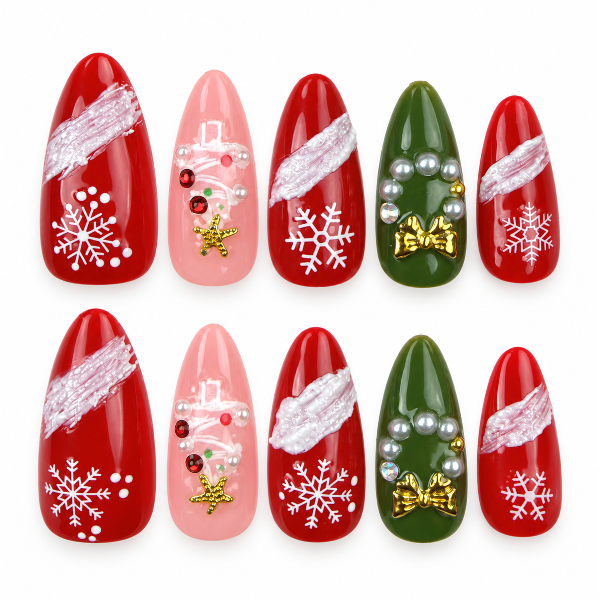 Evergreen Ribbon red, pink and green snowflake Christmas almond press-on nails