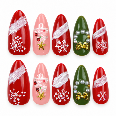 Evergreen Ribbon | Red & Green Snowflake Almond Press-On Nails