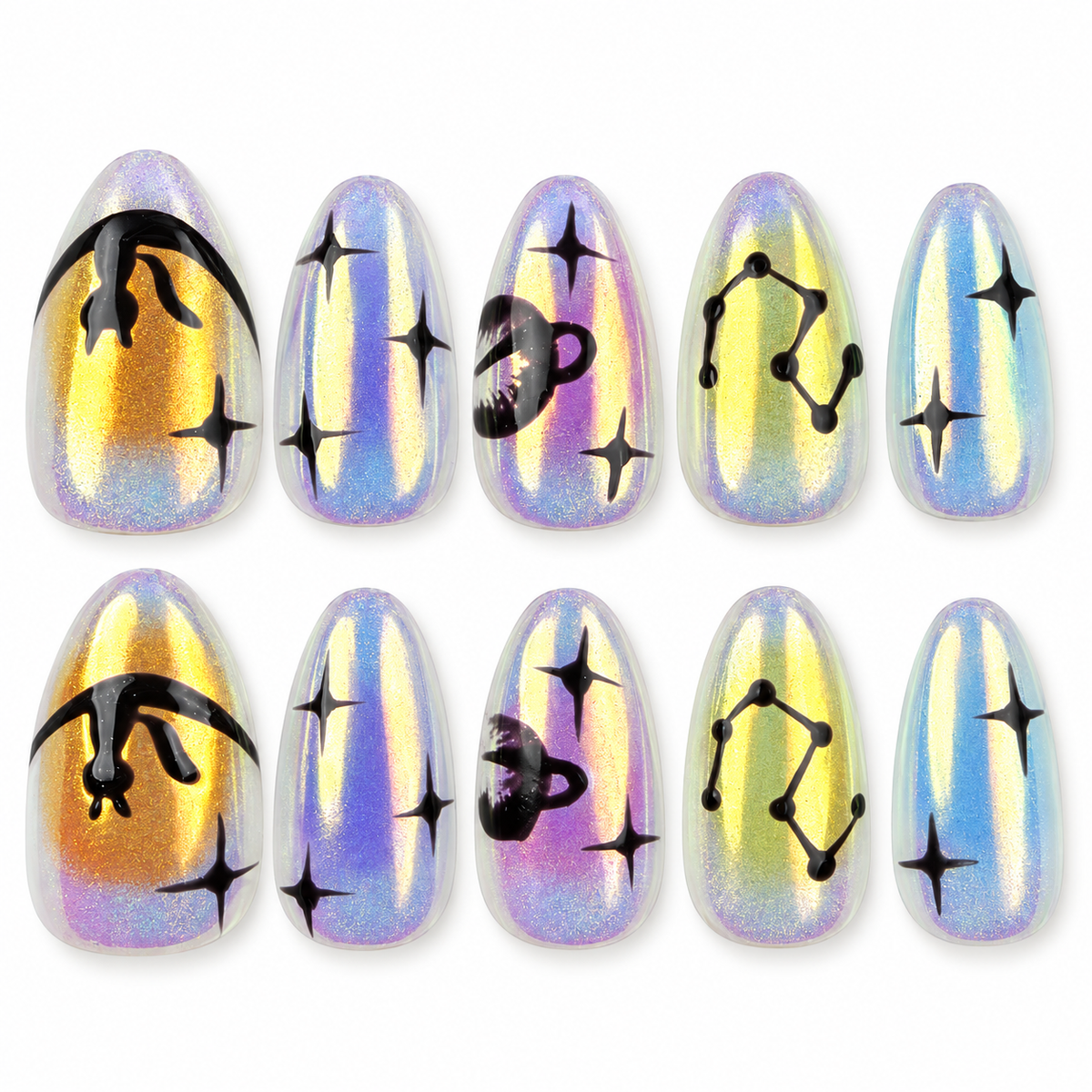 Aurora Signs iridescent celestial almond press-on nails