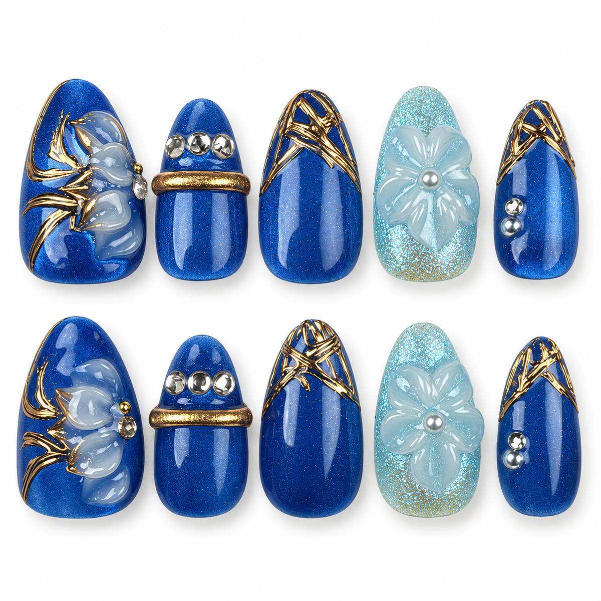 Blue Orchid cobalt and aqua floral almond press-on nails with gold lines