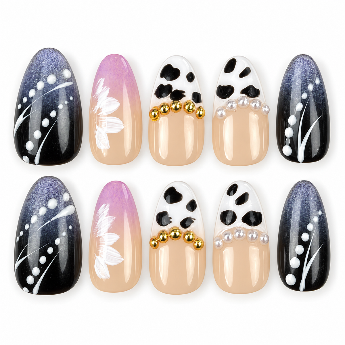 Monochrome Meadow black and white floral almond press-on nails