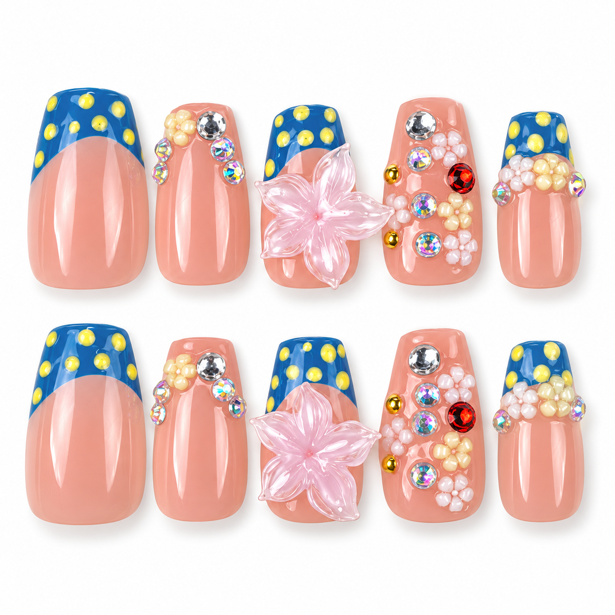 Daisy Confetti blue and pink polka dot French tip floral square press-on nails