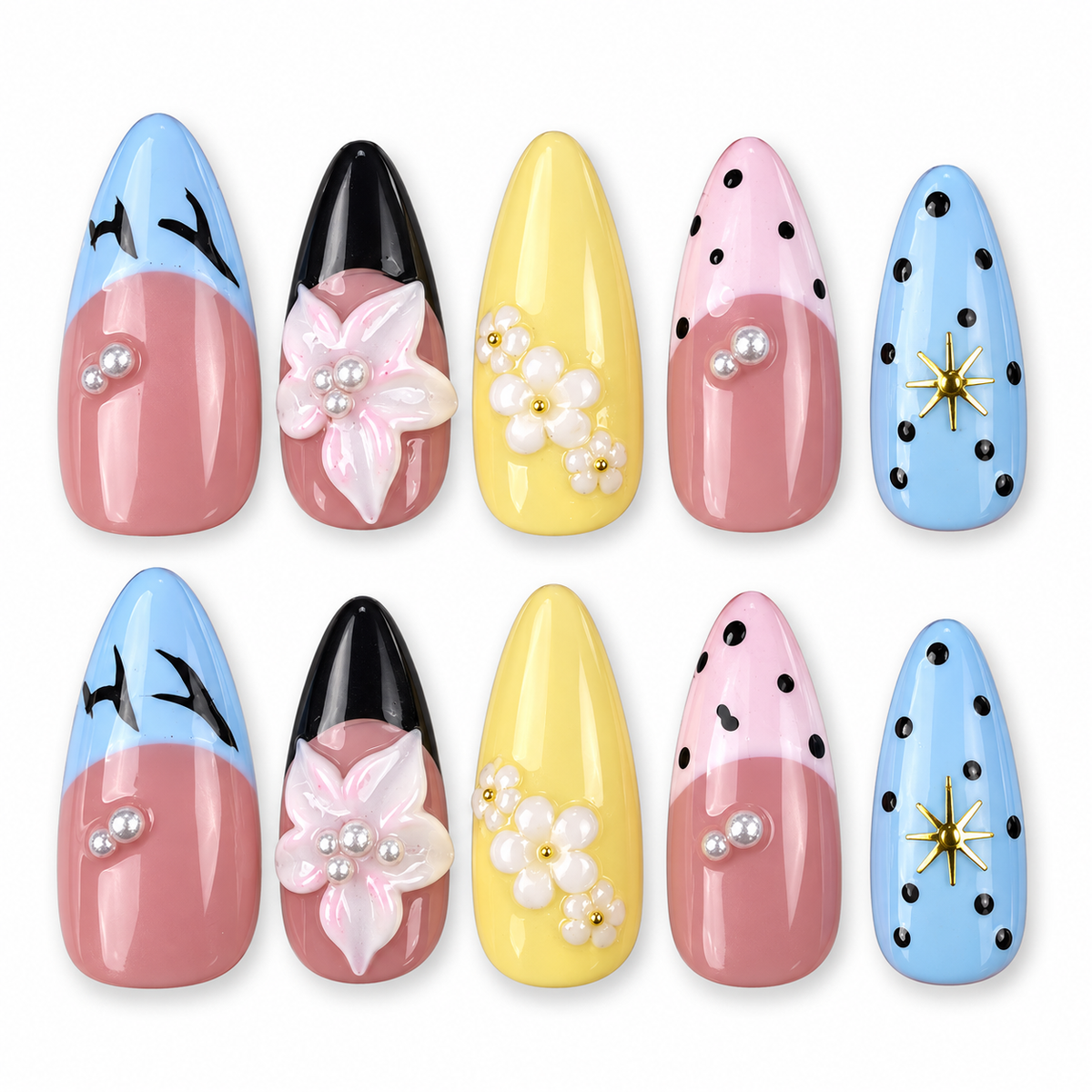 Pastel Graphic Garden blue, yellow and pink floral almond press-on nails