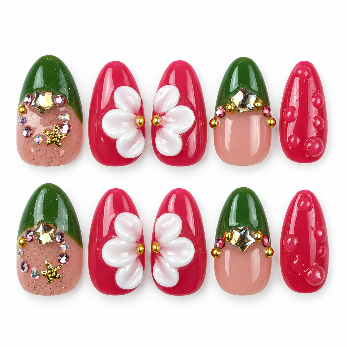 Holly Petals green and berry red Christmas floral almond press-on nails