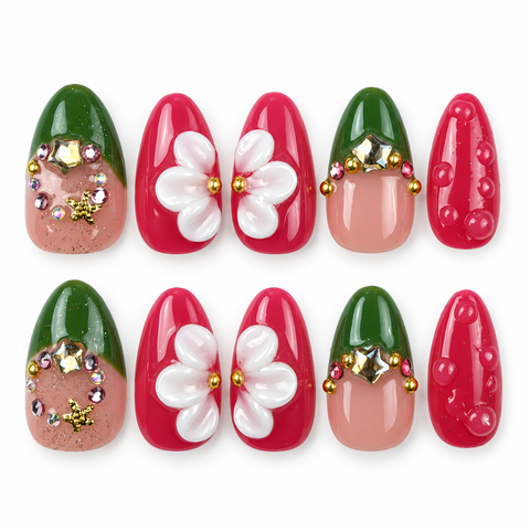 Holly Petals | Green & Pink Christmas Floral Almond Press-On Nails