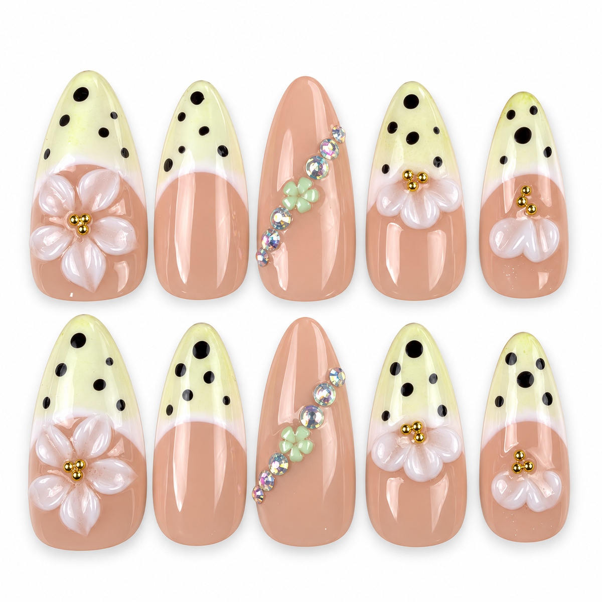Lemon Blossom yellow polka dot French tip floral almond press-on nails