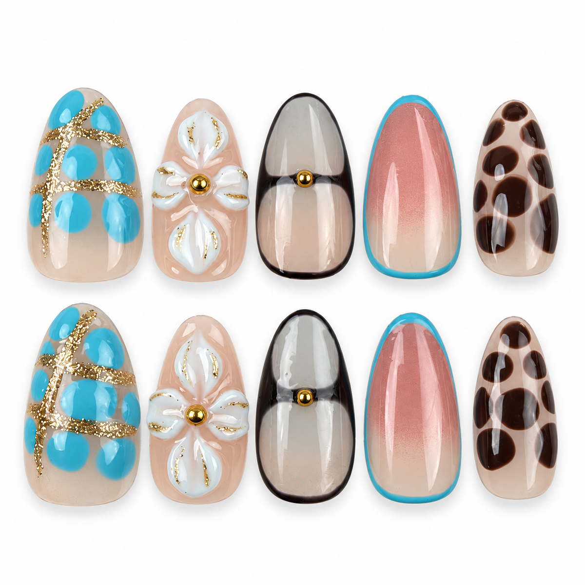 Turquoise Mix turquoise, leopard print and floral almond press-on nails