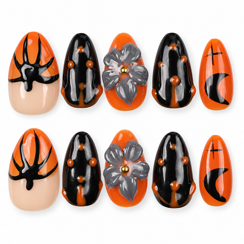 Haunted Bloom | Orange & Black Halloween Floral Almond Press-On Nails